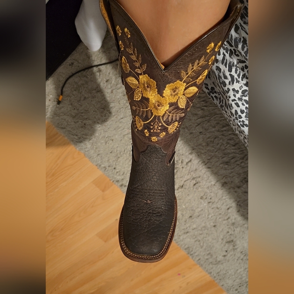 Women's Brown Embroidered Combat Moto Boots with Yellow Floral Detail